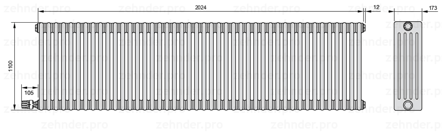 Схема (чертеж) Радиатор Zehnder Charleston 5110/44 №V004 Белый глянцевый RAL 9016